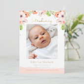 Baby Foto Peach Floral Moderne Geburt Ankündigung (Stehend Vorderseite)