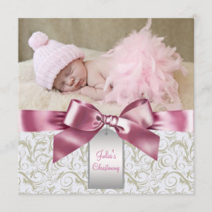 Baby-Foto-Taufe rosa Elfenbeinwirbel Einladung