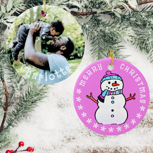Baby Foto und Niedlicher Schneemann   Rosa 2024 Keramik Ornament