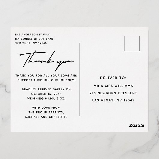 Baby Foto Vielen Dank für die moderne Script Birth Folie Einladungspostkarte (Rückseite)