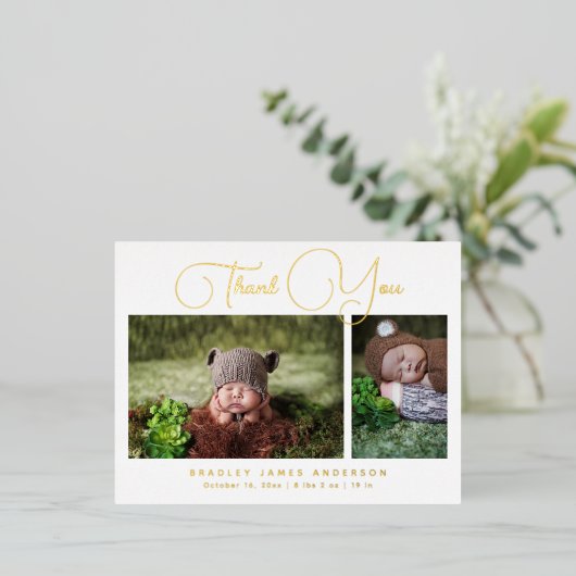 Baby Foto Vielen Dank für die moderne Script Birth Folie Einladungspostkarte (Stehend vorne)