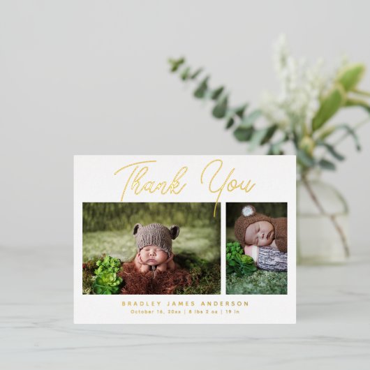 Baby Foto Vielen Dank für die moderne Script Birth Folie Einladungspostkarte (Stehend vorne)
