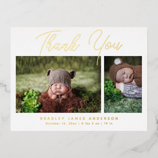 Baby Foto Vielen Dank für die moderne Script Birth Folie Einladungspostkarte (Vorderseite)