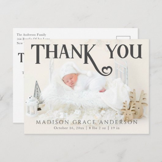 Baby Foto Vielen Dank für Ihre moderne Herzgeburt Ankündigungspostkarte (Vorne/Hinten)