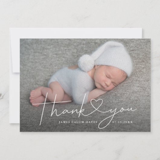 Baby Foto von Thank You Script Heart Birth Ankündigung (Vorderseite)