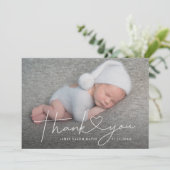 Baby Foto von Thank You Script Heart Birth Ankündigung (Stehend Vorderseite)