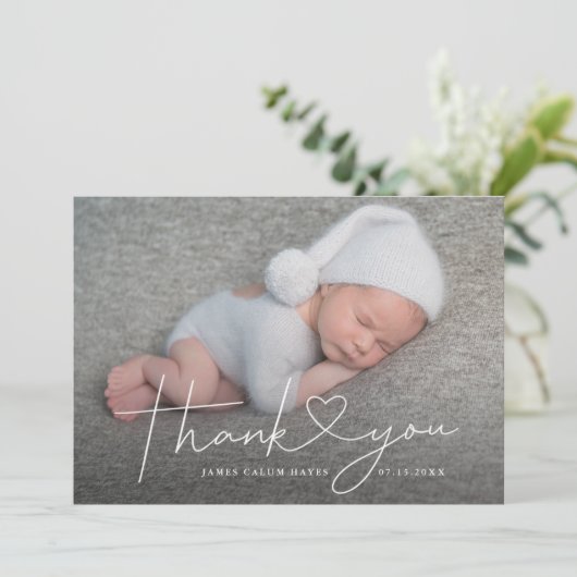 Baby Foto von Thank You Script Heart Birth Ankündigung (Stehend Vorderseite)