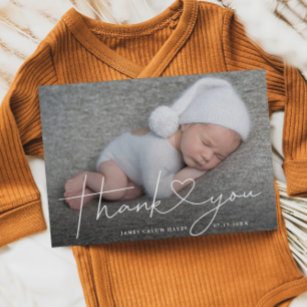 Baby Foto von Thank You Script Heart Birth Ankündigungspostkarte