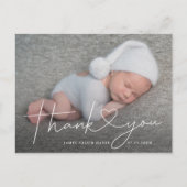 Baby Foto von Thank You Script Heart Birth Ankündigungspostkarte (Vorderseite)