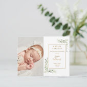 Baby Foto Watercolor Grüne Geburtserklärung Ankündigungspostkarte (Stehend Vorderseite)