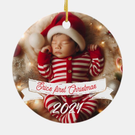 Baby Foto Weihnachten Niedliche Füchse und Bunnies Keramik Ornament (Hinten)