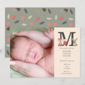 Baby Foto Woodland Animals Monogram Birth Ankündigung (Vorne/Hinten)