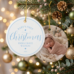 Baby-Foto zum ersten Weihnachten in Blau als Anden Keramik Ornament