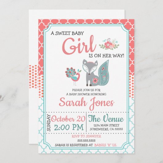 Baby Fox Baby Shower Einladung - Mädchen (Vorne/Hinten)