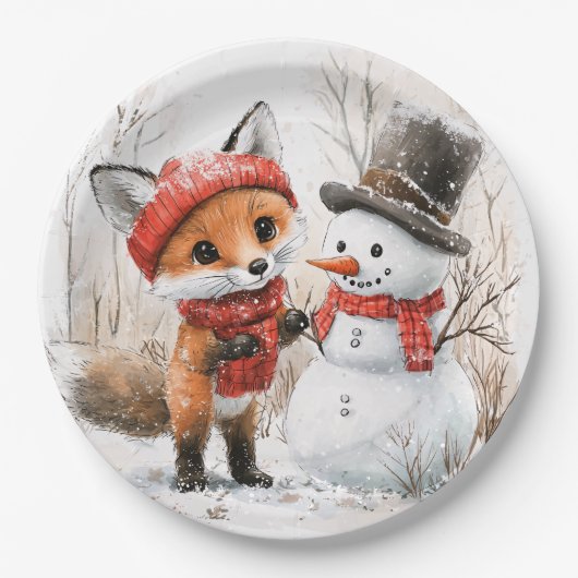 Baby Fox und Snowman Pappteller (Vorderseite)