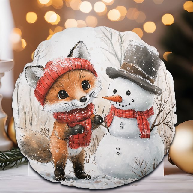 Baby Fox und Snowman Rundes Kissen (Von Creator hochgeladen)