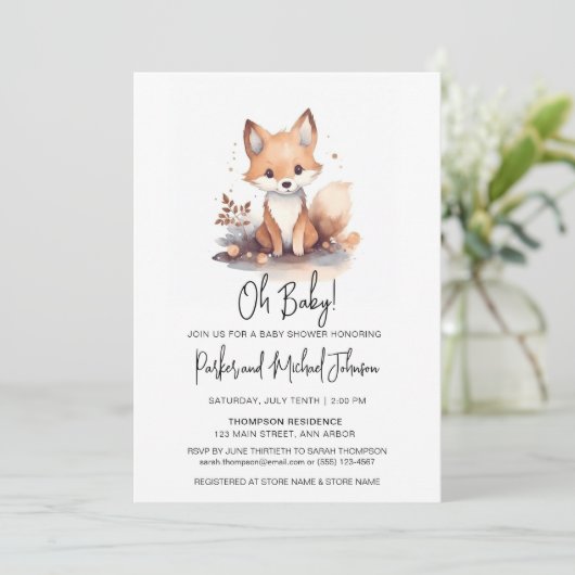 Baby Fox Woodland Animal Baby Dusche Einladung (Stehend Vorderseite)