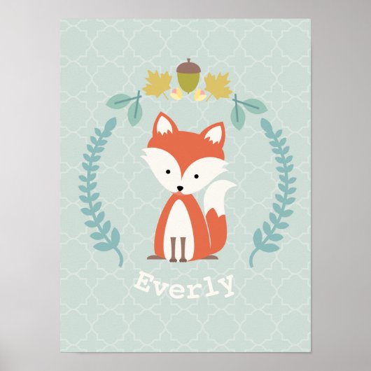 Baby Fox Wreath Personalisiertes Kinderzimmer Artw Poster (Vorne)