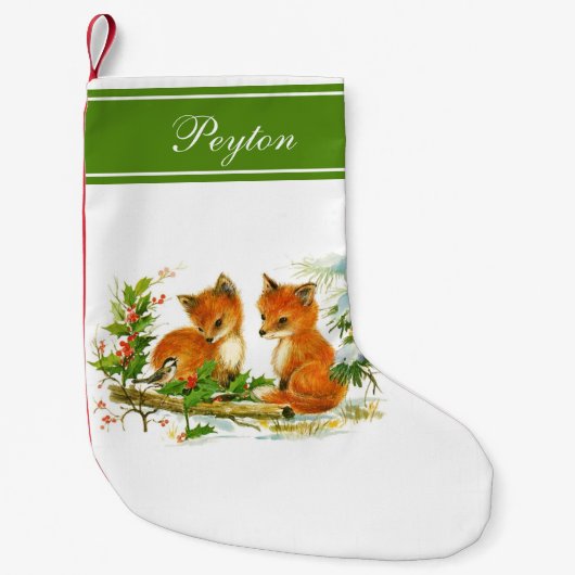 Baby Foxes Stechpalmen-personalisierten Kleiner Weihnachtsstrumpf (Vorderseite)