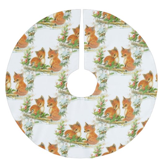 Baby Foxes Stechpalmen-Weihnachtsbaum-Rock Polyester Weihnachtsbaumdecke (Vorderseite)