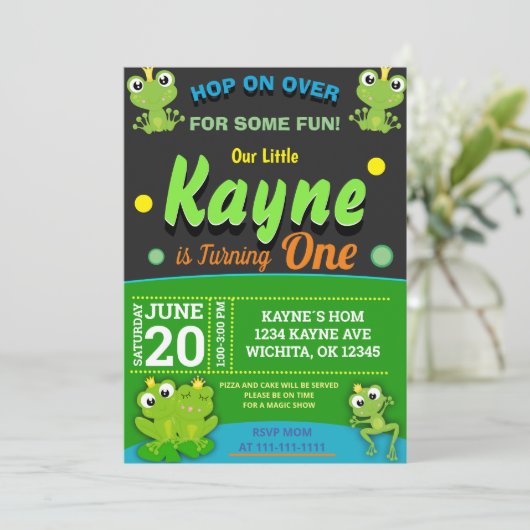 BABY FROG 1. GEBURTSTAG EINLADUNGSPOLITIK EINLADUNG (Stehend Vorderseite)