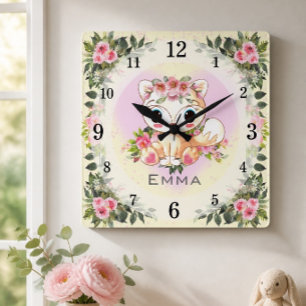 Baby Fuchs   Kinderzimmer Dekor   Gelb Personalisi Quadratische Wanduhr