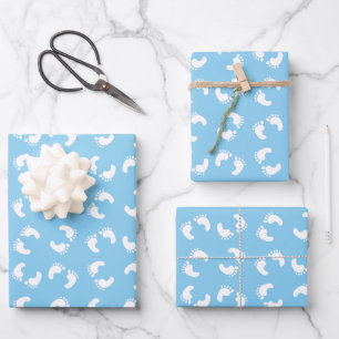 Baby Fußabdrücke, Babys Fuß, Fußspuren, Blau, Jung Geschenkpapier Set