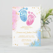 Baby Füße Junge oder Mädchen rosa blaues Geschlech Einladung (Stehend Vorderseite)