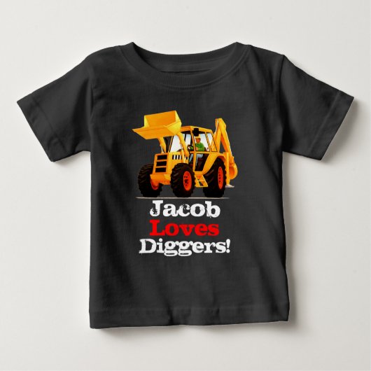 Baby-gelber BaggerName-LKW Baby T-shirt (Vorderseite)