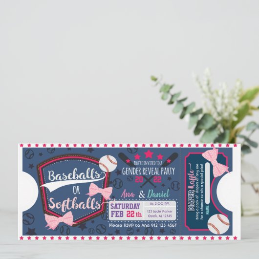 Baby Gender enthüllt Baseballs oder Softballs Einladung (Stehend Vorderseite)