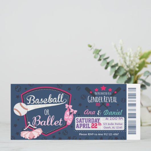 Baby Gender-Enthüllung - Baseballs oder Ballet Einladung (Stehend Vorderseite)