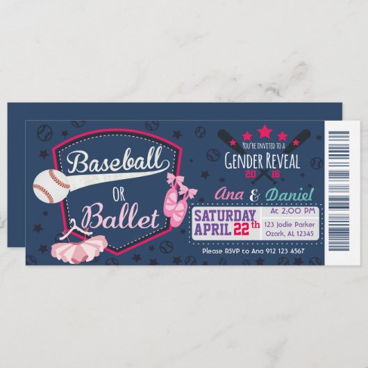 Baby Gender-Enthüllung - Baseballs oder Ballet Einladung (Vorne/Hinten)