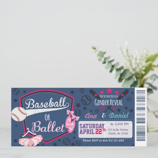 Baby Gender-Enthüllung - Baseballs oder Ballet Einladung (Stehend Vorderseite)