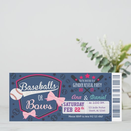 Baby Gender-Offenbarung - Baseballs oder Bows Einladung (Stehend Vorderseite)