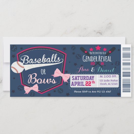Baby Gender-Offenbarung - Baseballs oder Bows Einladung (Vorderseite)