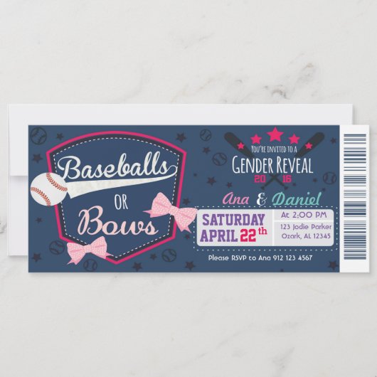 Baby Gender-Offenbarung - Baseballs oder Bows Einladung (Vorderseite)