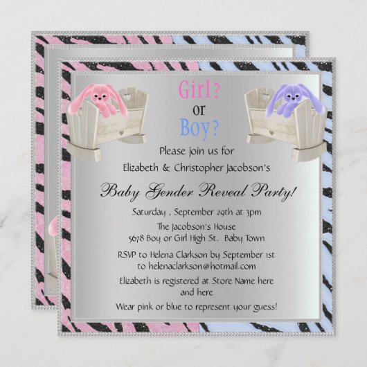 Baby Gender Reveal Animal Print, Bunnies & Cribs Einladung (Vorne/Hinten)
