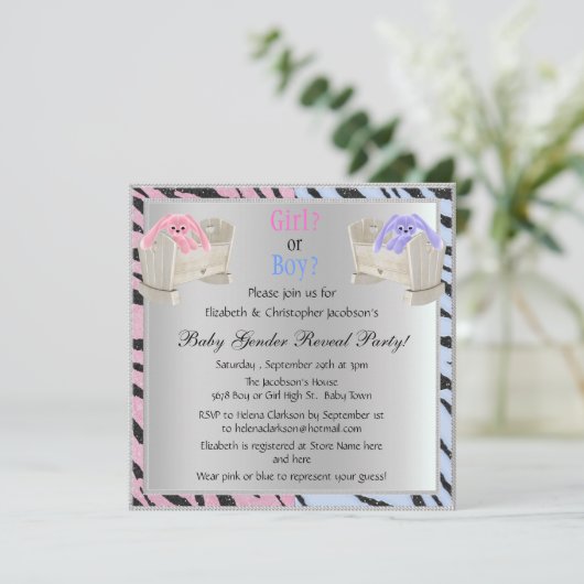 Baby Gender Reveal Animal Print, Bunnies & Cribs Einladung (Stehend Vorderseite)