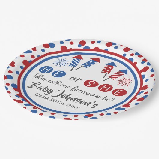 Baby Gender Reveal - Firecracker 4. Juli Pappteller (Schrägansicht)