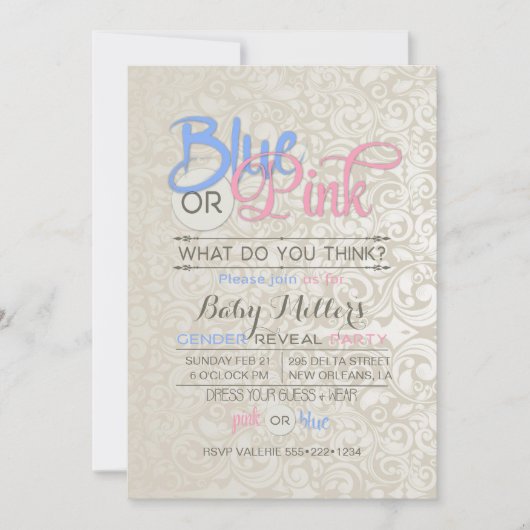 Baby Gender Reveal Party Satin Damask Einladung (Vorderseite)