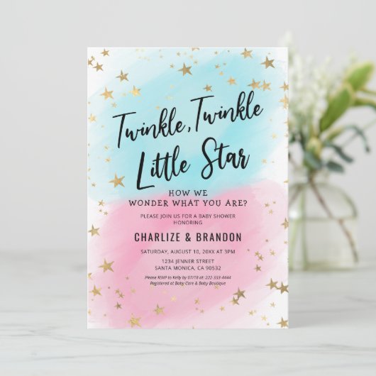 Baby Gender Reveal Twinkle Twinkle Little Star Inv Einladung (Stehend Vorderseite)