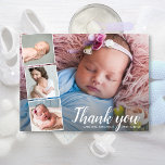 Baby Geschenkdusche Vielen Dank 4 Foto Collage Postkarte<br><div class="desc">Mit dieser Postkarte, die 4 Ihrer Lieblings-Baby-Fotos enthält, die mit einem handgeschriebenen, schicken Schriftart versehen sind, der "Danke" ausliest oder Ihren eigenen Text verändert. Fügen Sie Ihren Namen oder benutzerdefinierten Text auf die Vorderseite und geben Sie Ihre individuelle Dankeschön Notiz auf der Rückseite. Wenn Sie lieber Ihre Notiz handschreiben, löschen...</div>