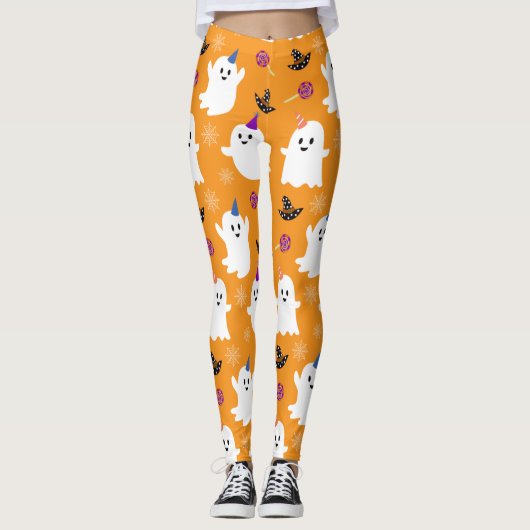 Baby Ghost Pattern Orange Halloween-Party Leggings (Vorderseite)