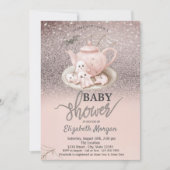 Baby Ghosts Teapot Rose Glitzer Bokeh Baby Dusche Einladung (Vorderseite)