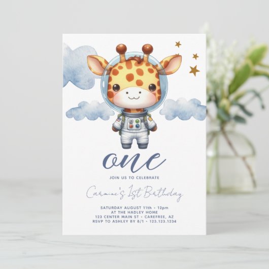 Baby Giraffe Astronaut 1. Geburtstag Einladung (Stehend Vorderseite)
