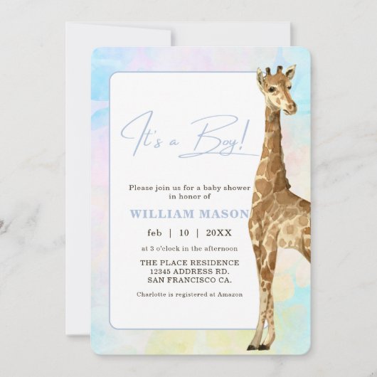 Baby Giraffe Baby Shower Blue I is a Boy Einladung (Vorderseite)