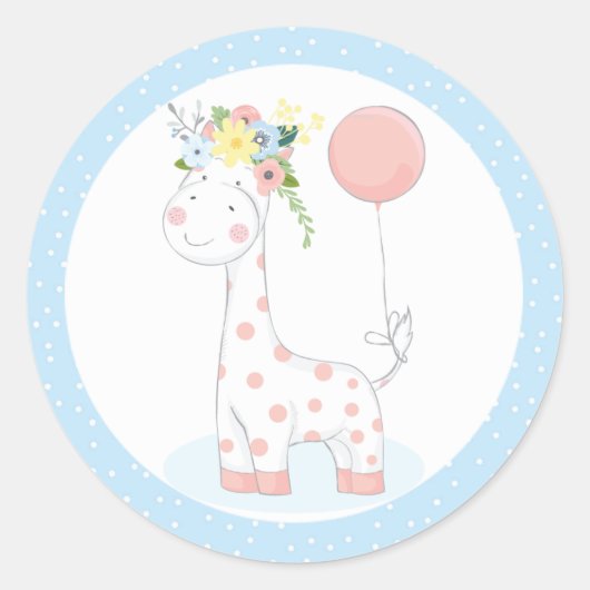 Baby Giraffe Balloon Floral Crown Pastel Blue Zoo Runder Aufkleber (Vorderseite)