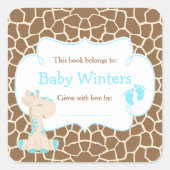 Baby Giraffe Blue Dusche Buchzeichen Quadratischer Aufkleber (Vorderseite)
