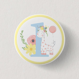 Baby-Giraffe-Blumen zum ersten Geburtstag Button