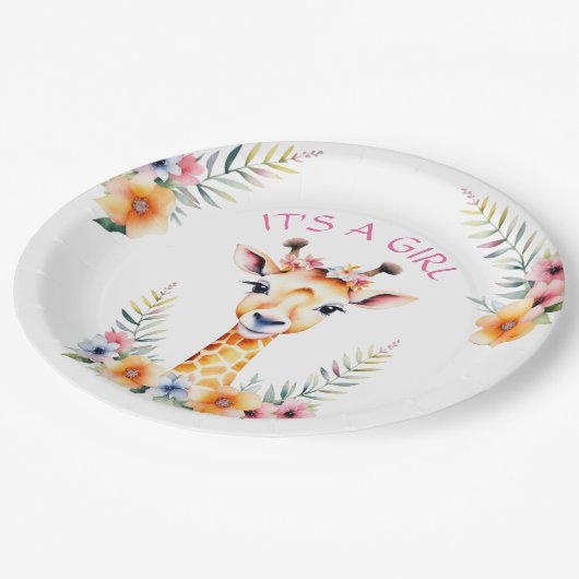 Baby Giraffe Floral, es ist ein Mädchen | Babydusc Pappteller (Schrägansicht)